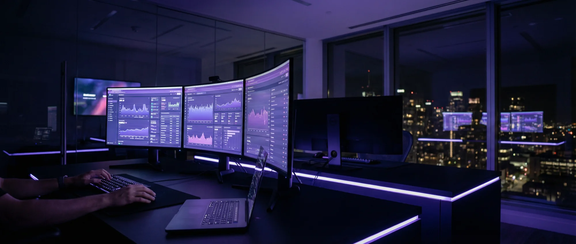 Digital Nafta futuristic command center with multiple monitors displaying campaign analytics