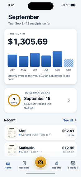 The DeductHound home screen showing the month total, the estimated year deduction and a countdown to the next quarterly tax date