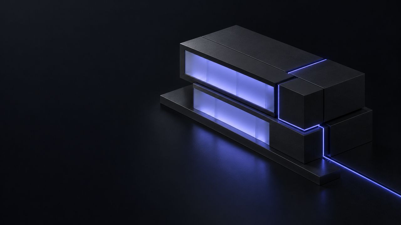 A compact studio building model with indigo light in its frosted windows