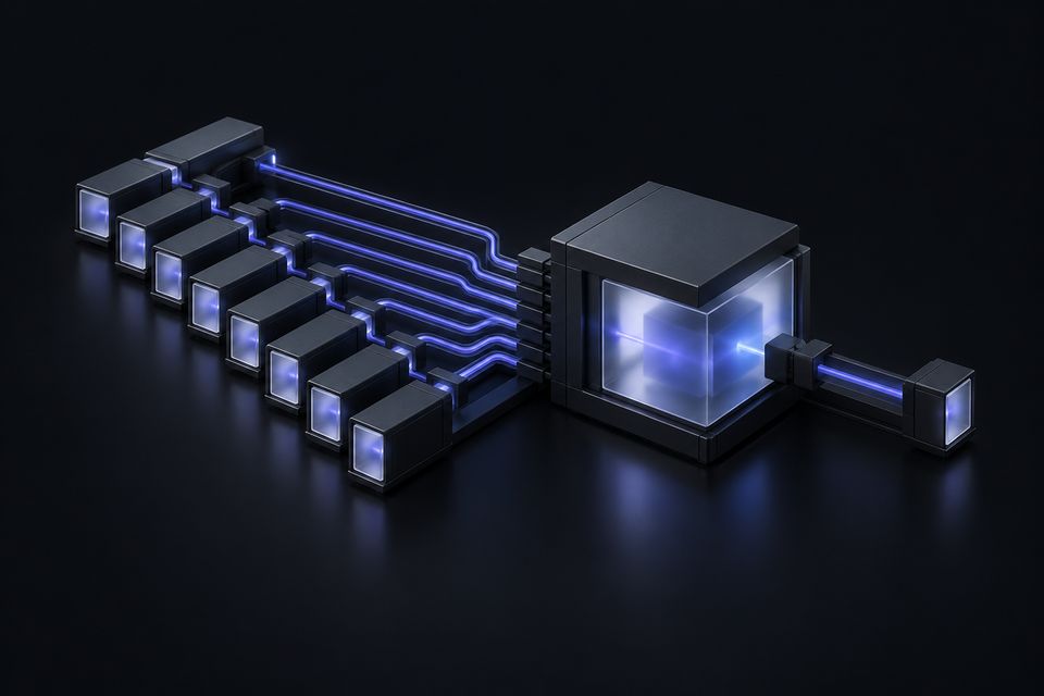 Small identical modules sending indigo lines into one larger inspection module