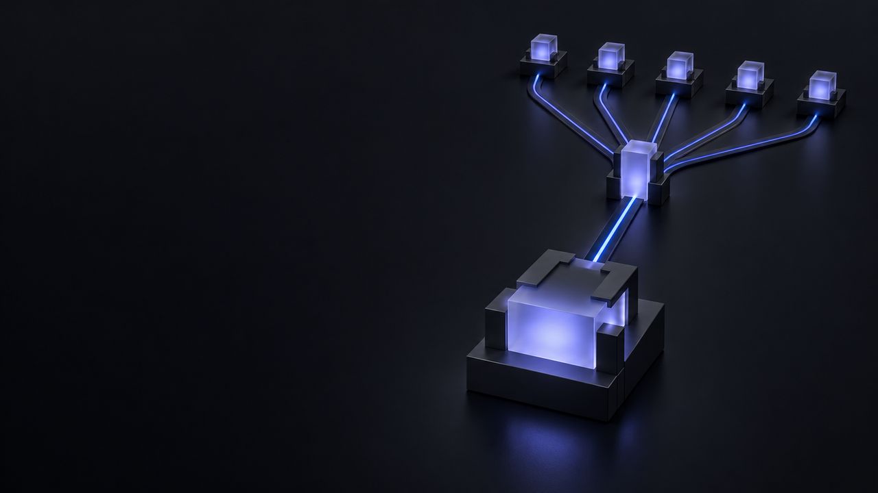 Indigo lines from five small modules passing through one frosted glass gate into a larger glowing final module