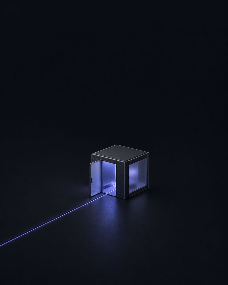 One indigo line leading into a small module with an open glass door