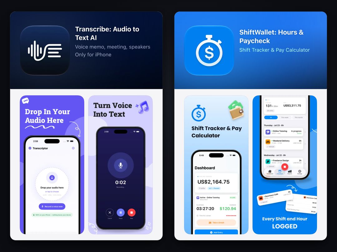 The App Store listings of Transcriptor and ShiftWallet, two of the studio's own apps, each with its header and two of its screenshots