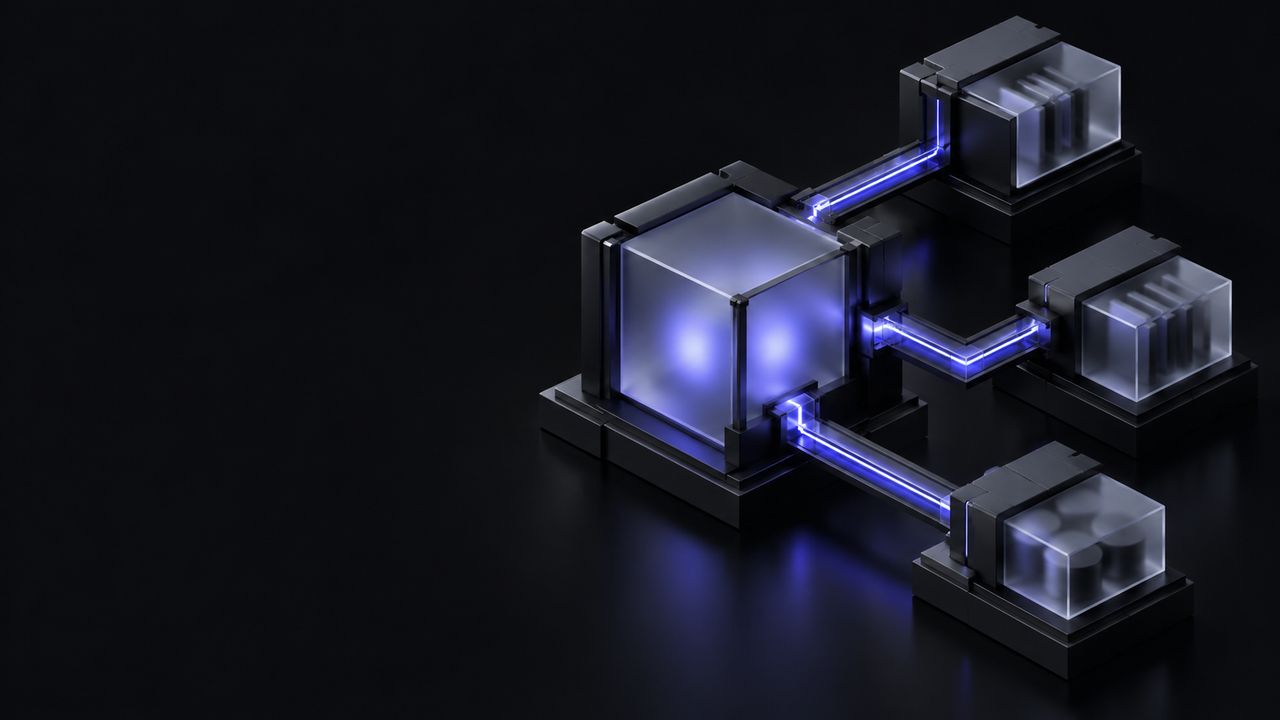 A compact modular machine of black blocks and frosted glass with indigo light lines flowing into one central module