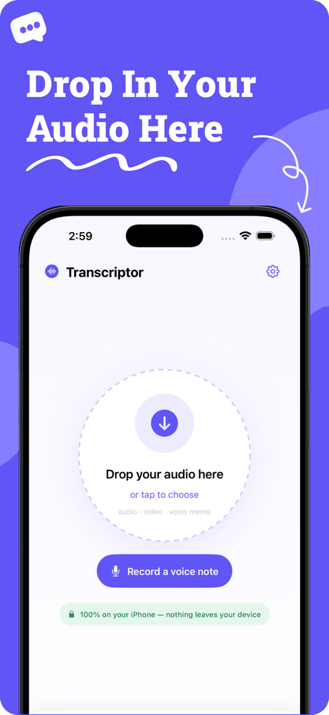 Transcriptor app screen from its App Store listing, shown on an iPhone