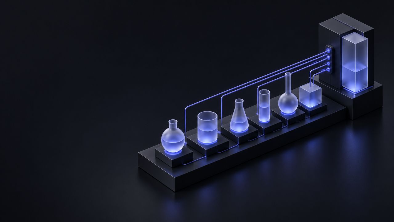 A row of small frosted glass vessels on a black plinth linked to one measuring module