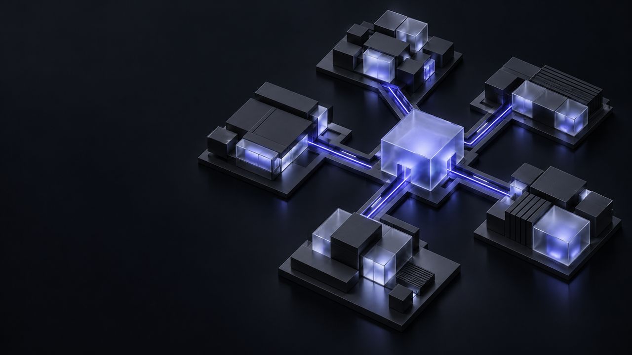 A modular floor plan of five zones linked by indigo channels to one central module