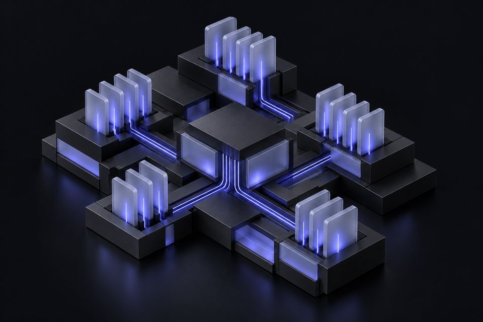 Small upright glass tablets with indigo lines rising into one shared channel