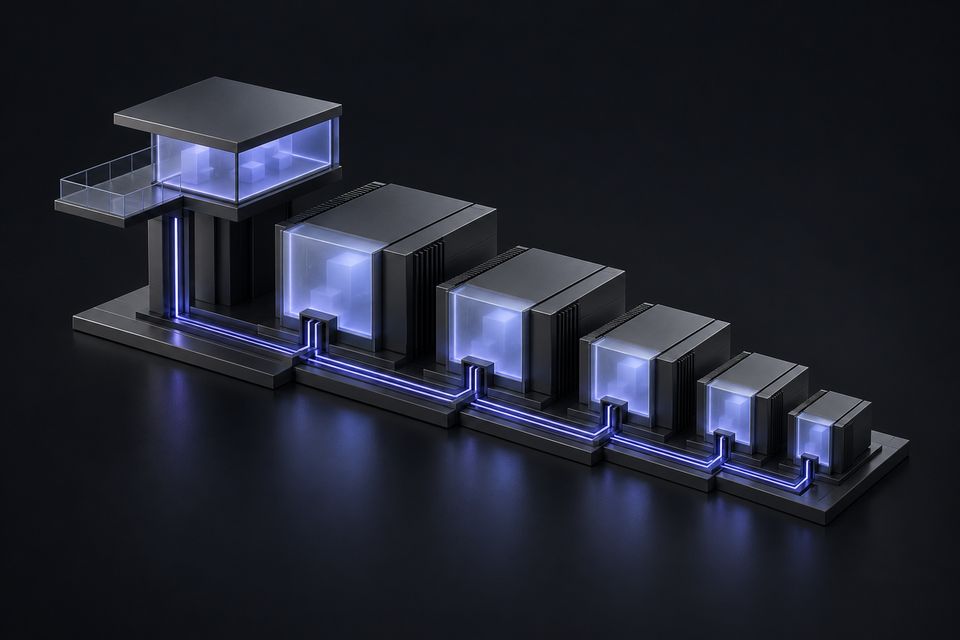 A raised inspection platform overlooking modules ordered from largest to smallest
