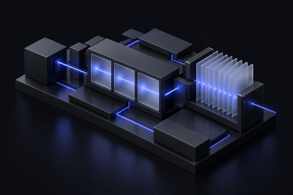 An instrument block with an indigo beam through aligned glass windows beside a rack of blank cards