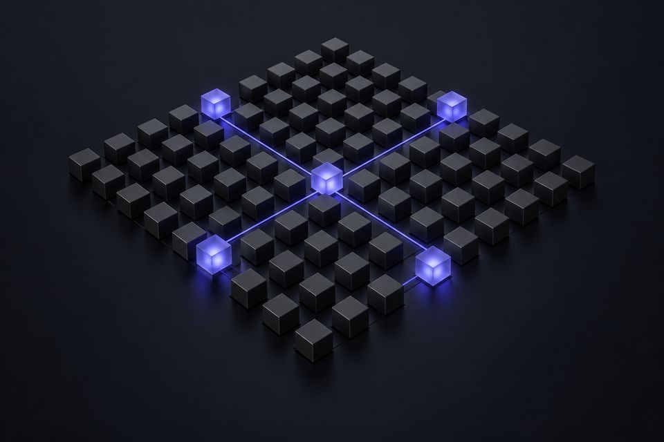 A grid of small black cubes with a few lit in indigo and connected by fine lines