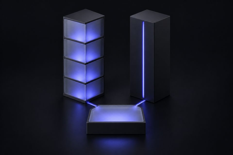 Two tall modules feeding indigo lines into a low collector block