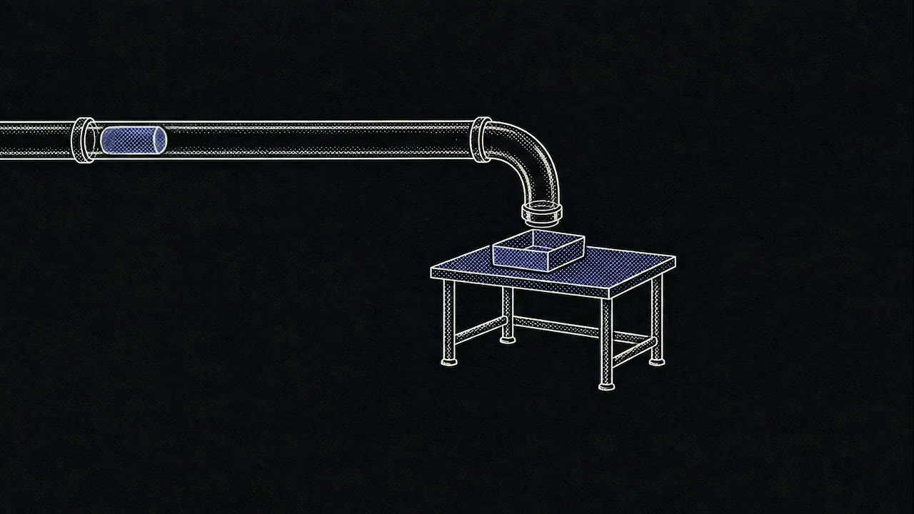 A capsule travels through a pneumatic tube and drops into the tray on a single desk