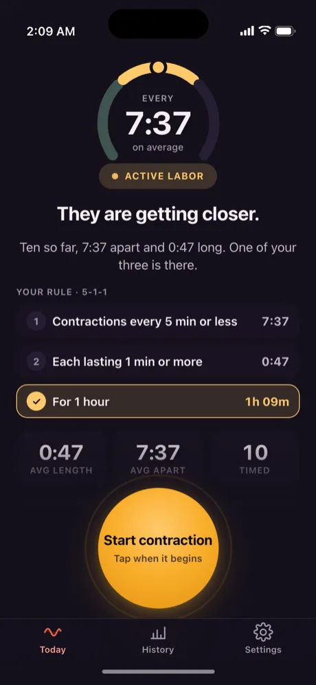 The Wavesong pattern screen in dark mode, showing the amber contraction button